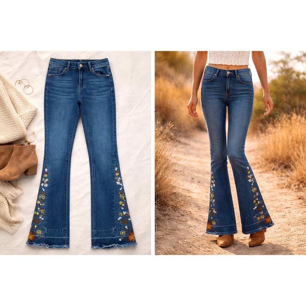 Ashley Mason Embroidered Flare Jeans Medium Wash Floral Raw Hem Size 0/24